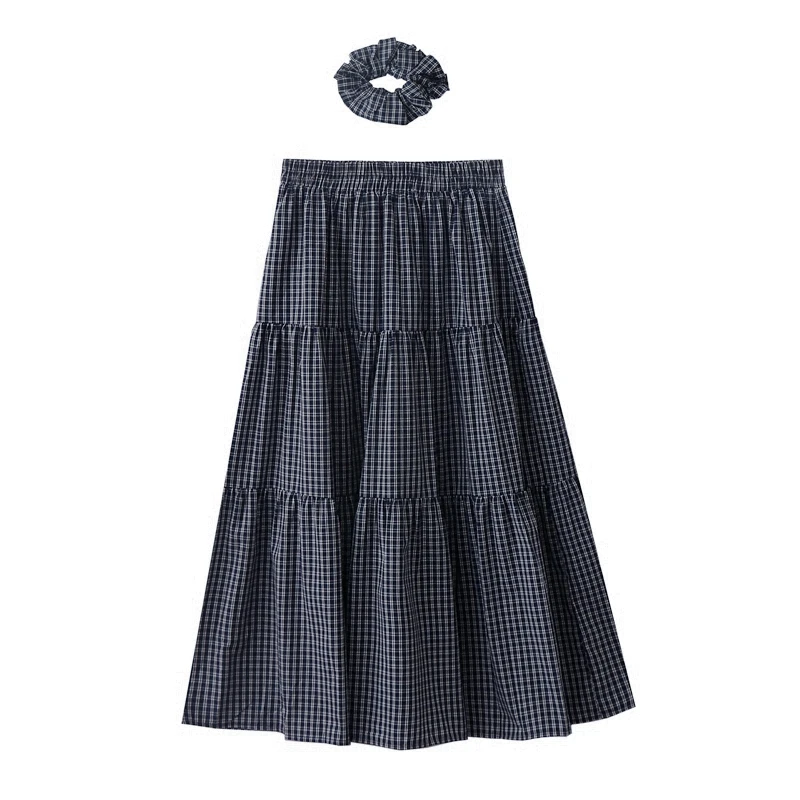 

Женская клетчатая юбка в ленивом стиле, повседневная юбка трапециевидной формы с эластичной резинкой на талии в стиле ретро, новинка лета 2021, юбка средней длины с повязкой для волос