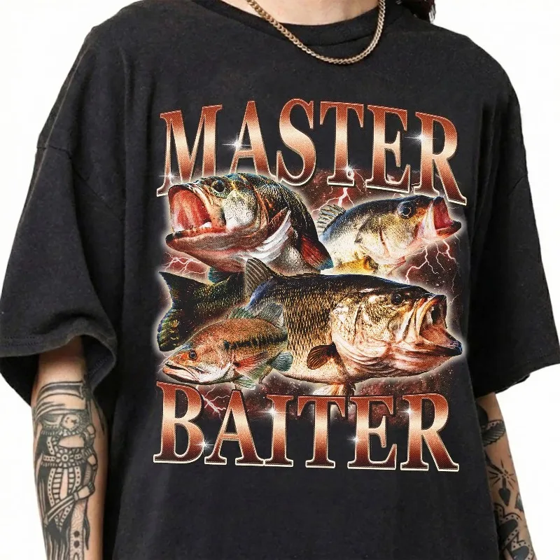 Master Baiter Retro Graphic T-Shirt, Funny Fisher Tee Husband Shirt Bass Lovers Gift Dad Angler Gifts Bass Fishing Shirt For Men