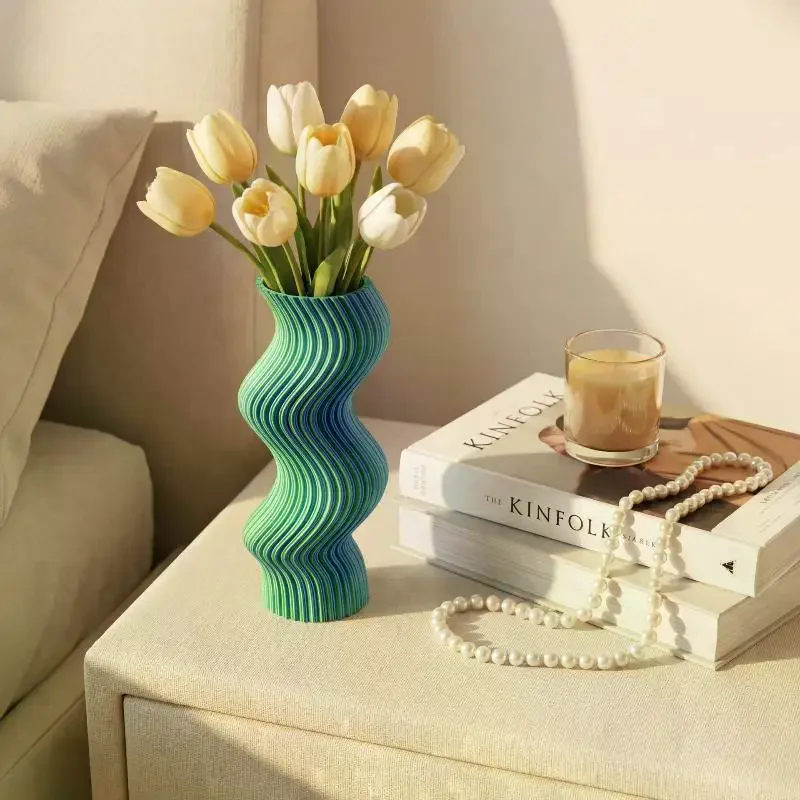[MA]3D Printed Striped Vase Irregular Curved Shape Art Flower Container Modern Decor Pot For Dried Flower Home Tabletop Ornamen