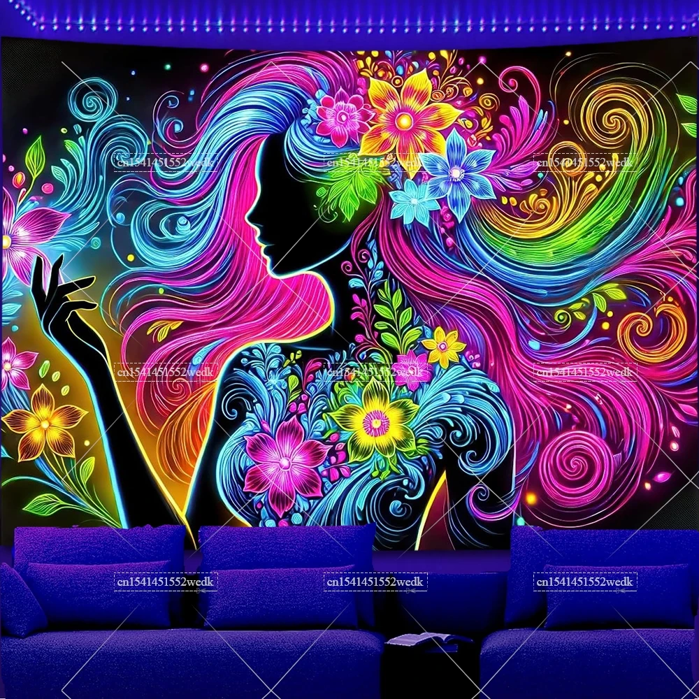 Blacklight Tapestry Eyes Glow In The Dark UV Reactive Black Light Abstract Girl Neon Tapestries Room Decor Aesthetic Backdrops