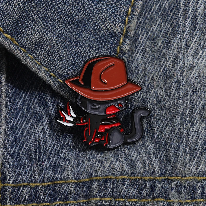 Freddy Krueger Enamel Pins Custom Cat Assassin Brooches Lapel Badges Cartoon Animal Jewelry Gift for Kids Friends