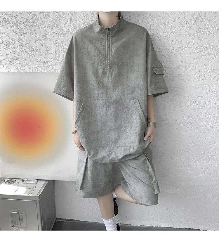 2026 Sommer Hong Kong Style Halb-Reißverschluss-Färbe-Set aus Eisseide mit Kühlfunktion, zweiteiliges Sportswear-Outfit im Hanfu-Stil mit kurzen Ärmeln – Detail 19