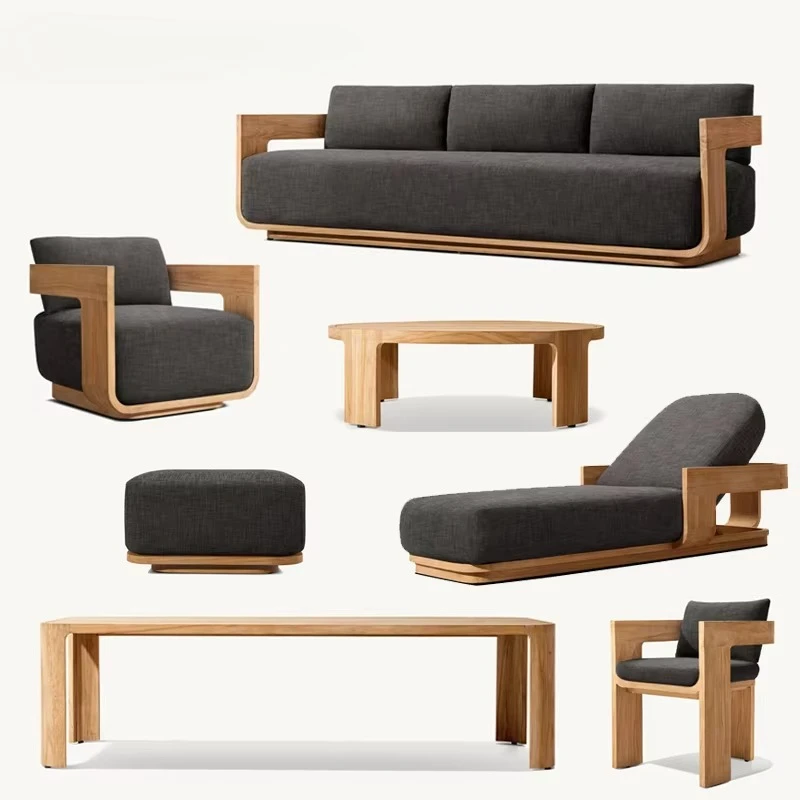 Sofá de Teca WBERT Balmain, Tapizado en Lino Impermeable, Colores Personalizables, Juego de Sofás de Jardín, Madera de Teca, Muebles de Exterior