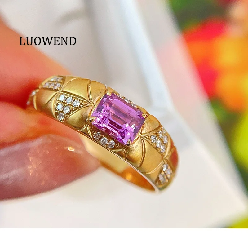 

LUOWEND 100% 18K Yellow Gold Rings Vintage Style Shiny Diamond Natural Padparadscha Sapphire Ring for Women High Party Jewelry