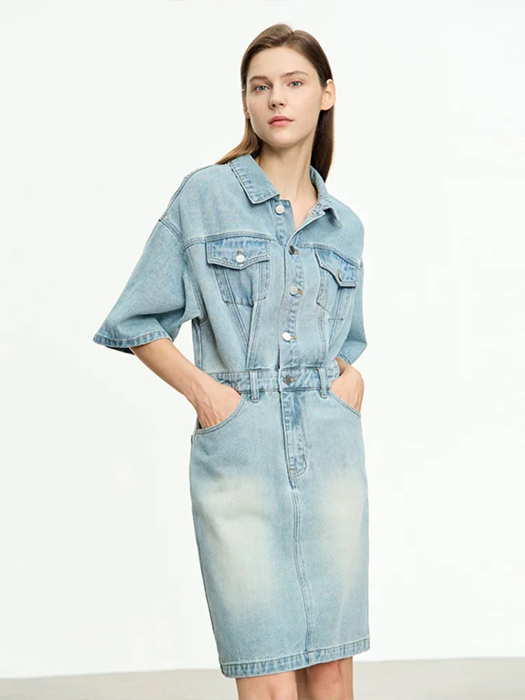 

AMII Minimalism Dresses for Women 2025 Autumn Denim Cotton Short Sleeve Elastic Waist Retro Jean Casual Female Vestidos 12343164
