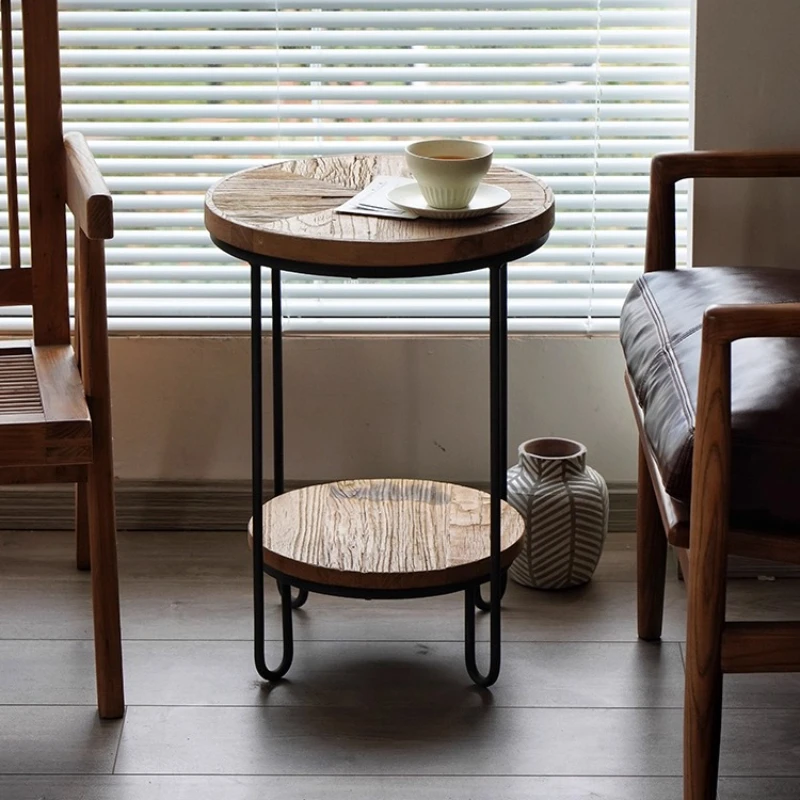 

Elm Wood Side Table Round 2-Tier Tea Tables for Sofa Minimalist End Desk with Storage Shelf Versatile Plant Stand Home Furniture