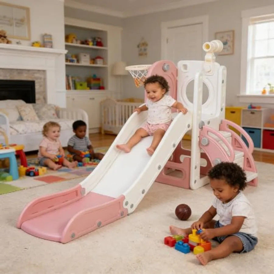 

Детская горка для улицы и дома для малышей 1-3 лет, отдельно стоящая, с баскетбольным кольцом, телескопическим стеллажом для хранения и нескользящим покрытием