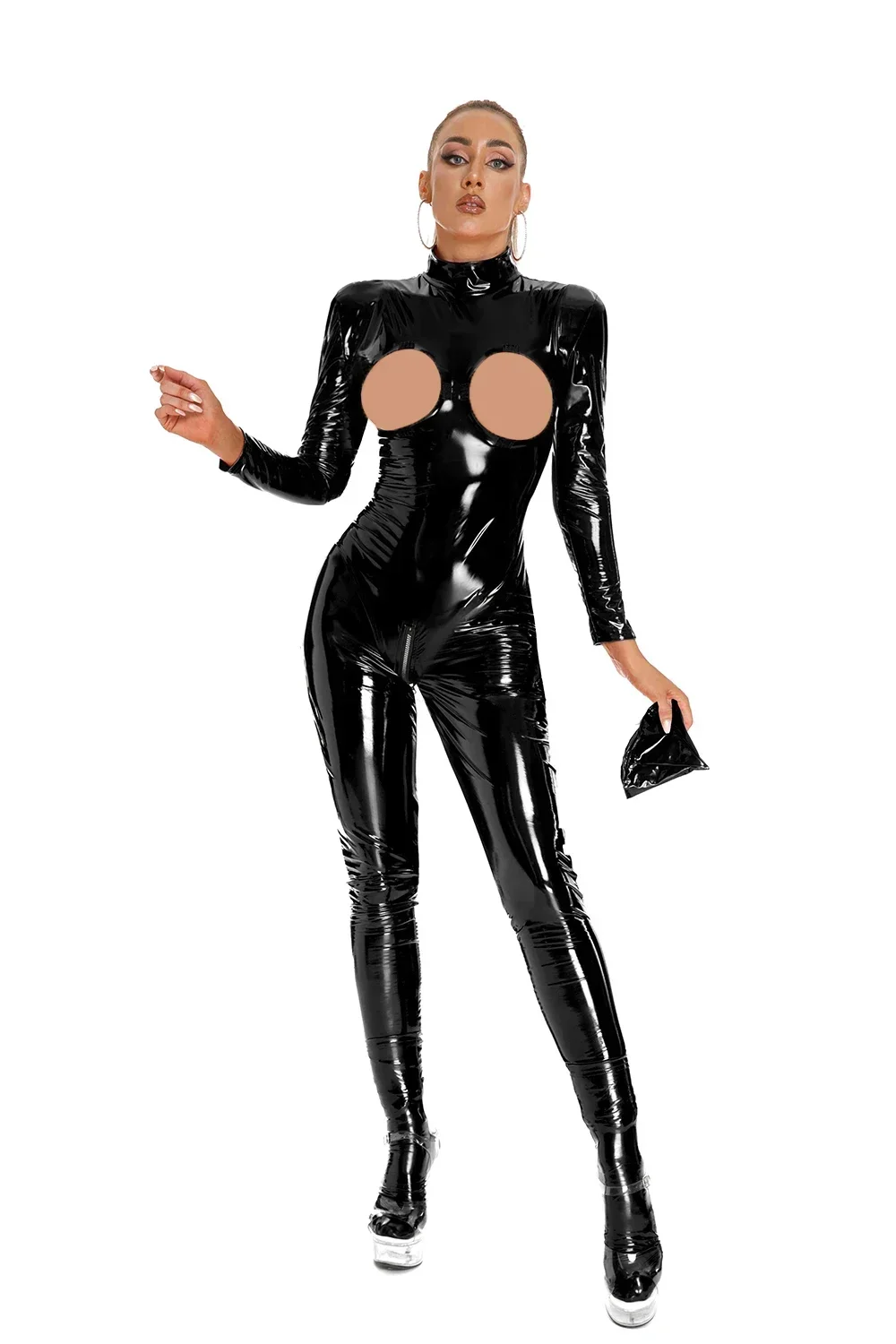 Shiny PVC Latex Catsuit for Women Open Crotch Rubber Long Sleeves Wetlook Fetish Jumpsuits Black Red