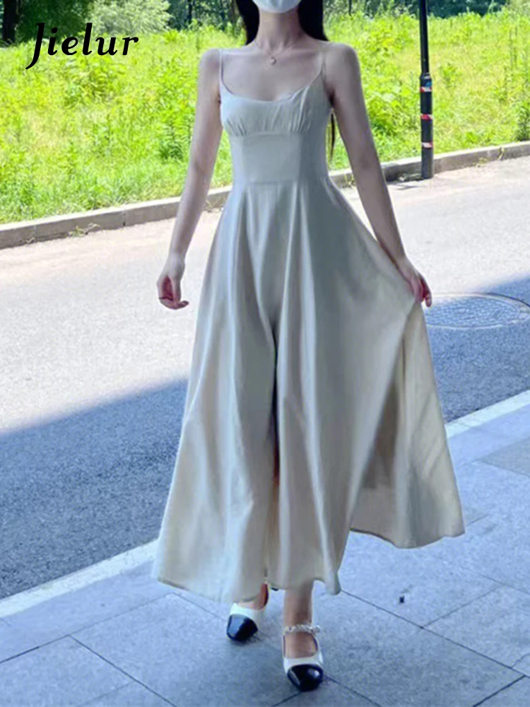 

Jielur New Backless Strapless Women's Dresses Summer Solid Color Square Neck Slim Waist Fashion Elegant Dress Female Maxi Dress