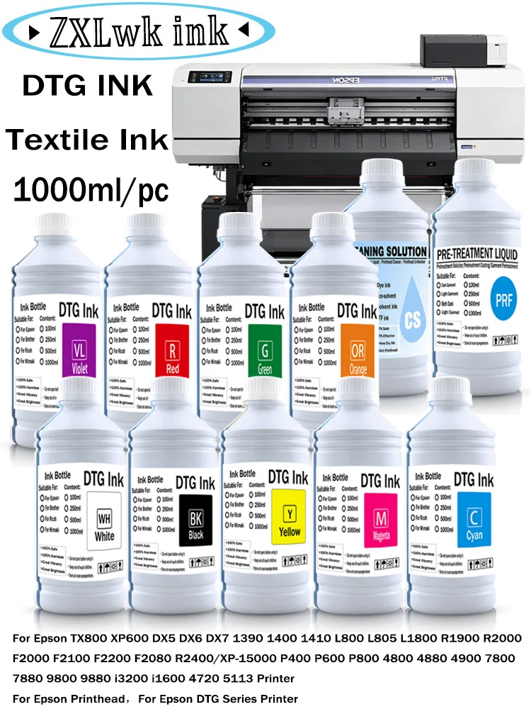 DTG Ink Textile Refill ink for Epson F2000 F2100 P600 P800 DTG Printer and More printhead DX5 DX6 DTG Printers Direct to Garment
