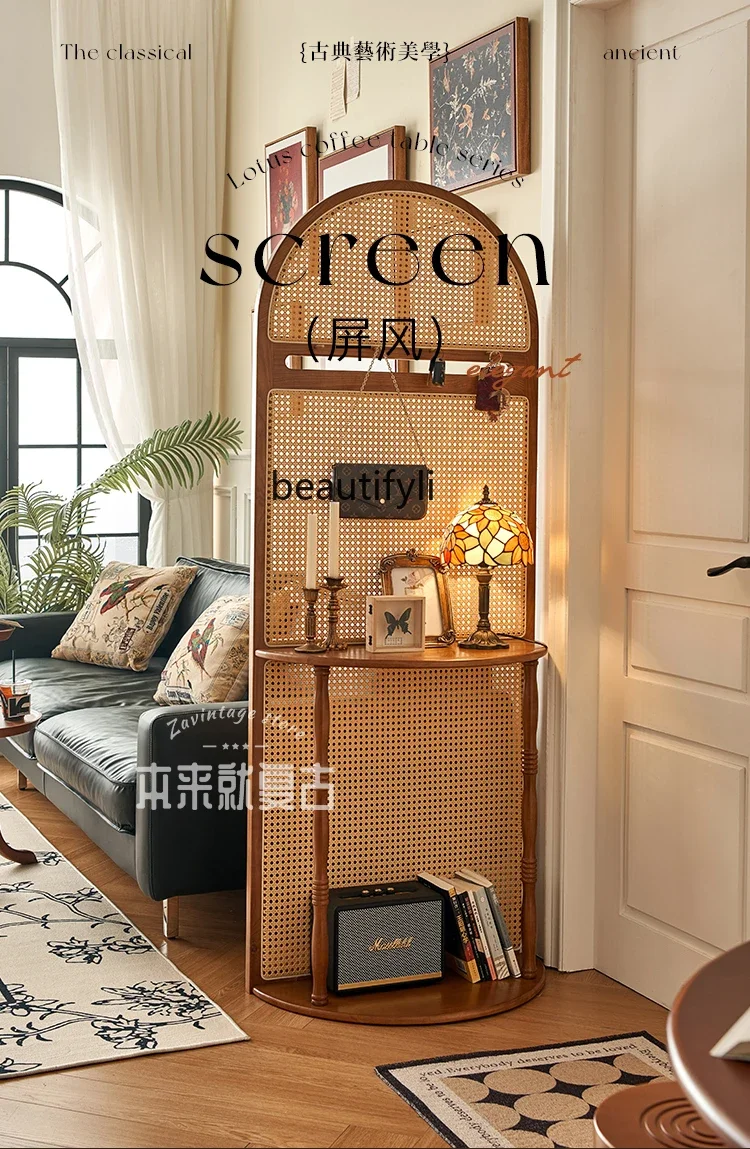 

ss K178 French retro solid wood rattan screen partition living room entry door shelter cabinet rack
