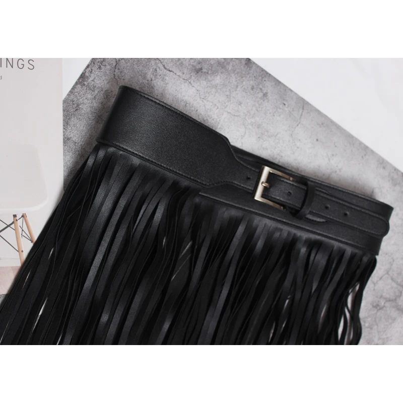 [EAM] 2024 New Spring Summer Pu Leather Long Tassel Brief Personality Girdle Decoration Belt Women Fashion Tide All-match JX375