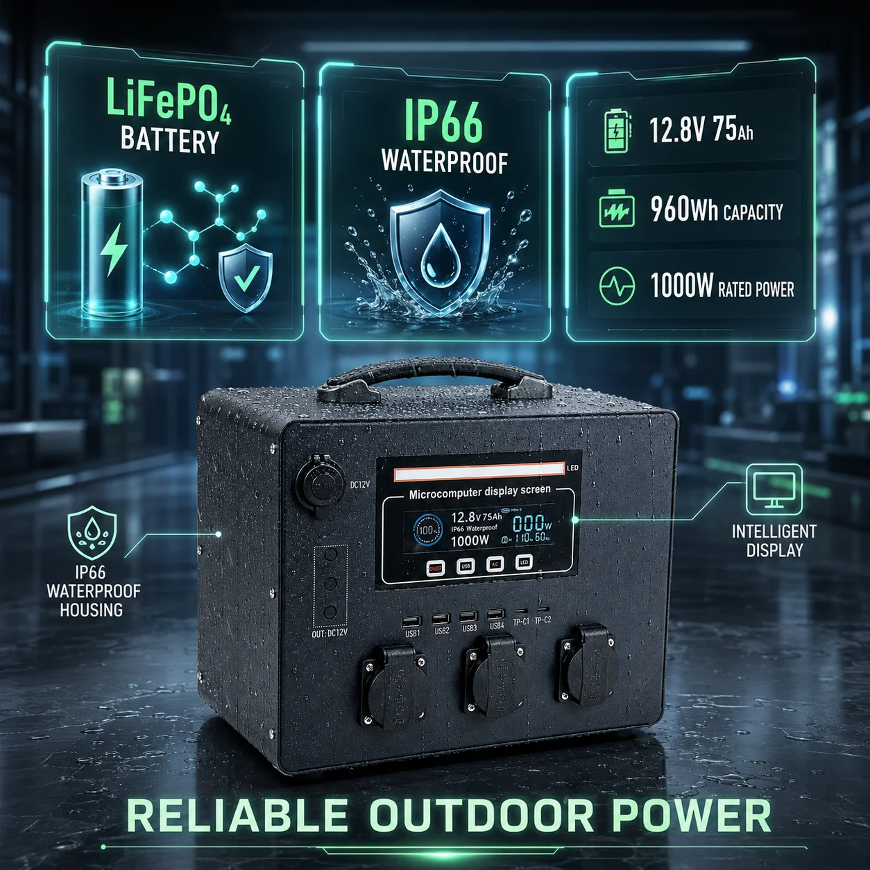 1000W Waterproof Portable Power Station Solar Generator 12.8V 75Ah Battery Emergency Power Supply for Camping RV Outdoor