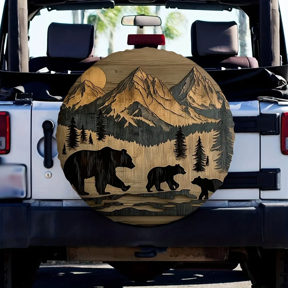 

Bear Family Mountain Scene Tire Cover Durable Spare Wheel Protector for RV Trailer