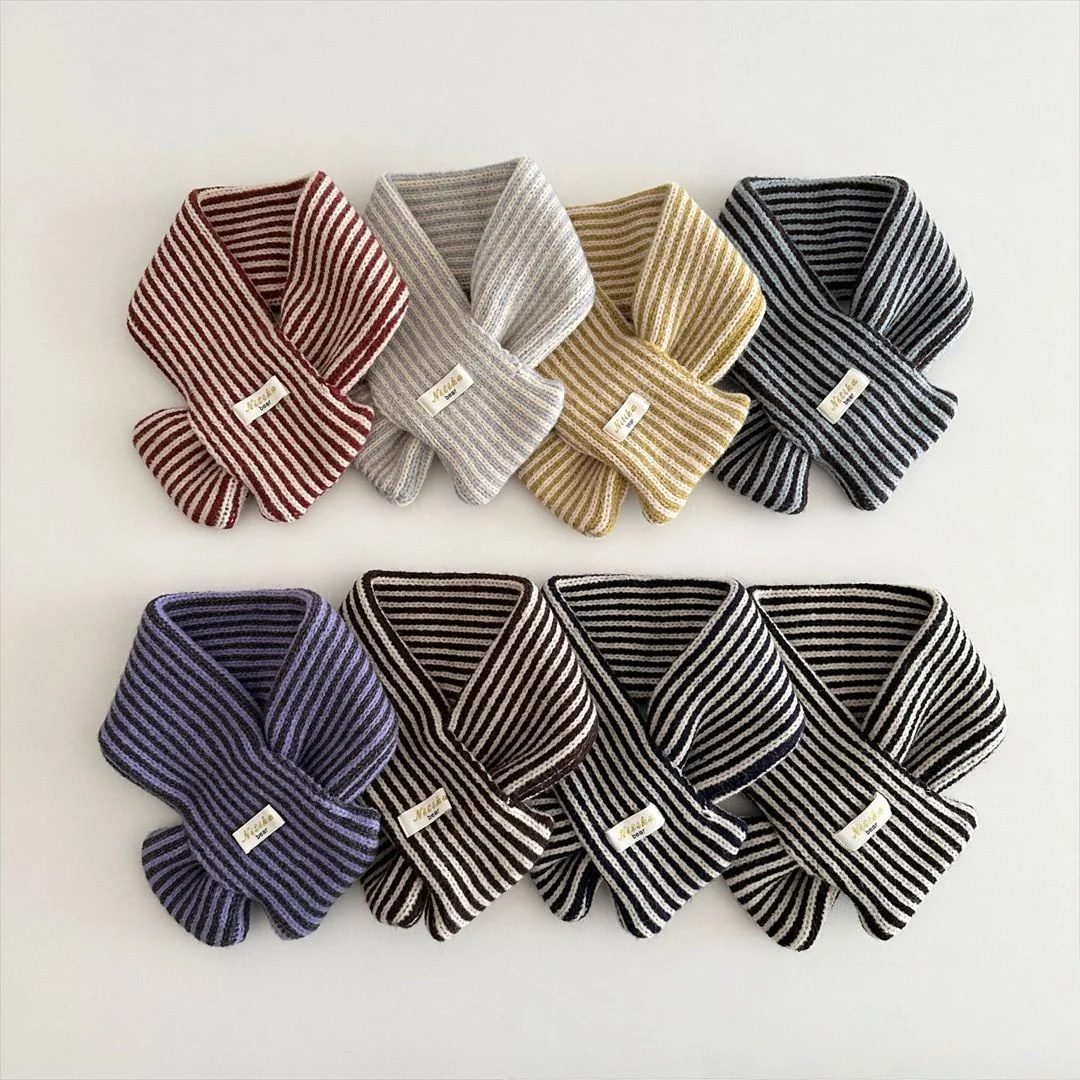 

2025 Child Neck Warmer Winter Kids Vertical Stripe Color Block Knit Cross Scarf Christmas Warm Scarf for Children Boys Girls