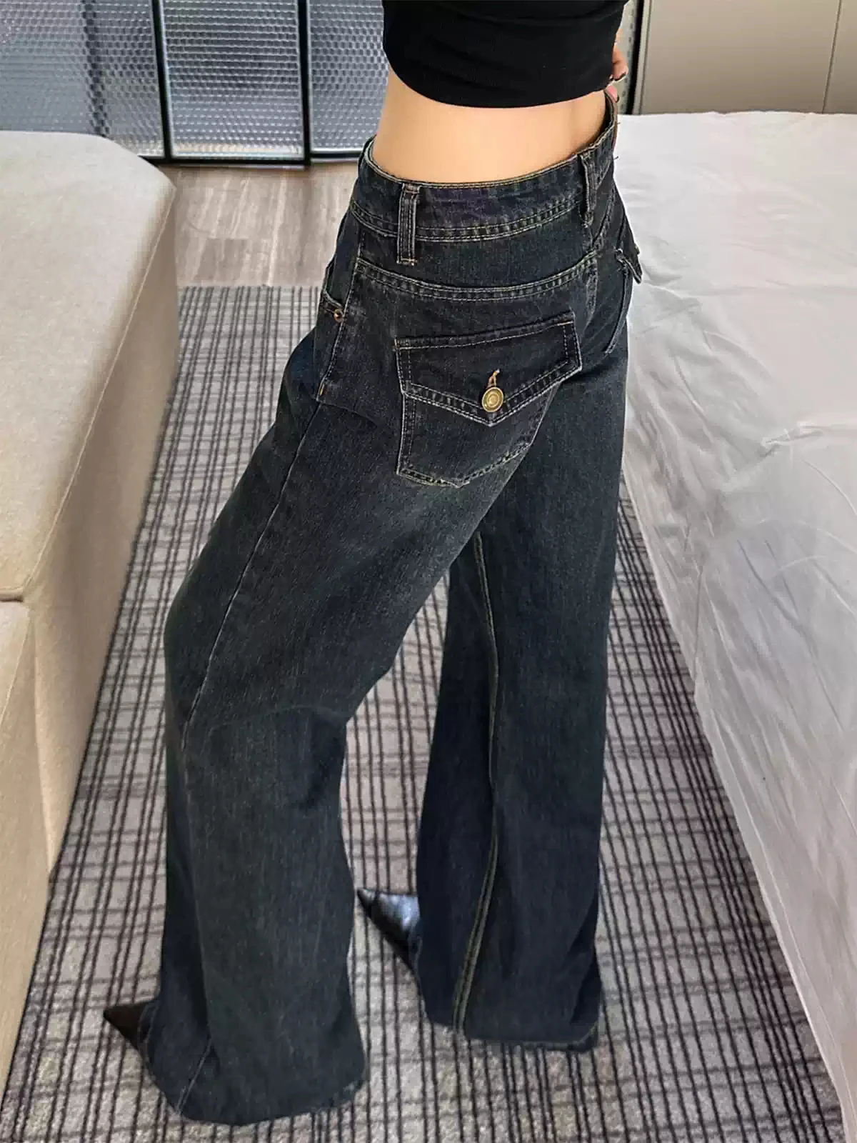 American Style Retro High Waist Flared Jeans Women's Loose Casual Wide Leg Straight Cut Pants Slimming Effect Casual Jeans