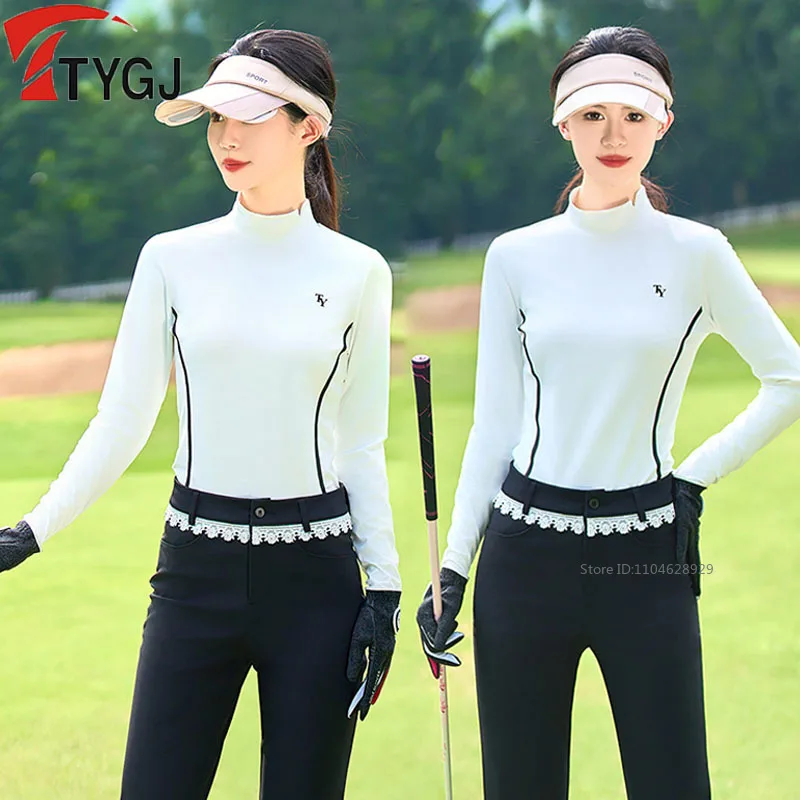 TTYGJ Spring Stand Collar Golf T-Shirt Women Elastic Long Sleeve Shirts Ladies Breathable Slim Solid Golf Tops Sportswear