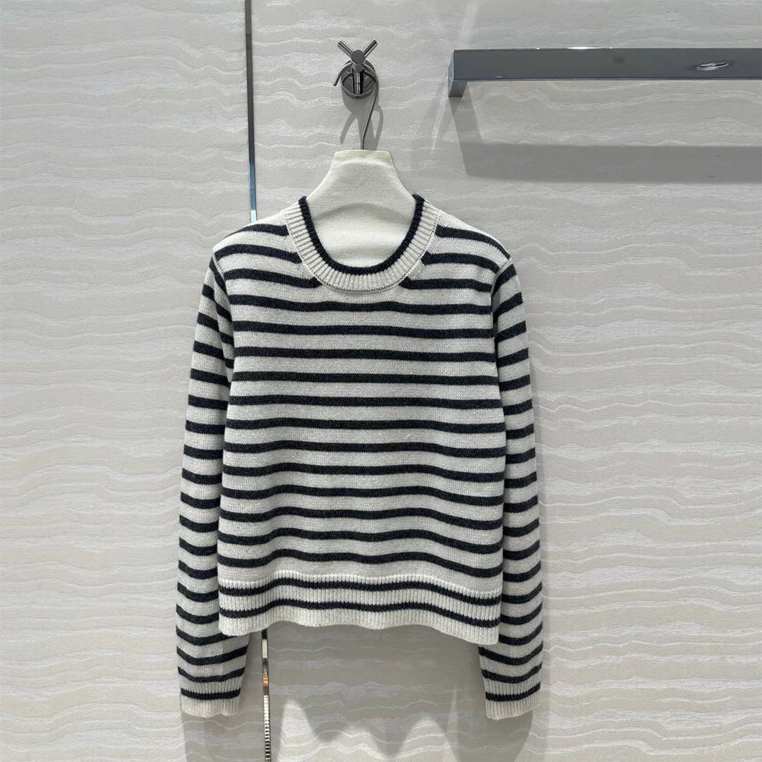 2024 New Autumn Fashion Luxury 100% Cashmere Knitted Pullover Women O-neck Long Sleeve Contrast Stripe Casual Loose Soft Sweater