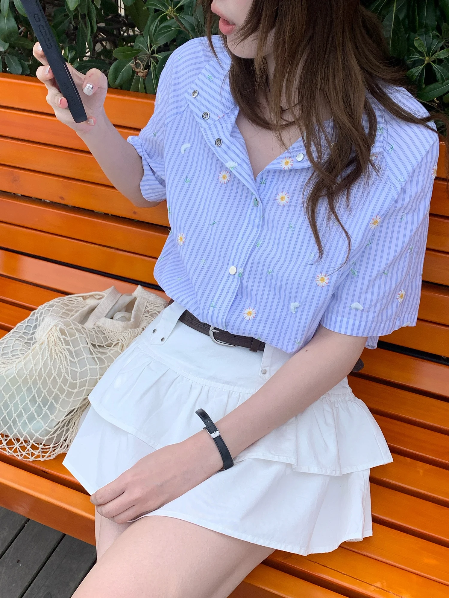 

Daisy Collar Stripe Short Sleeve Sun Protection Shirt Single Button Casual Loose Fit Cotton Women's Shirt Summer 2026