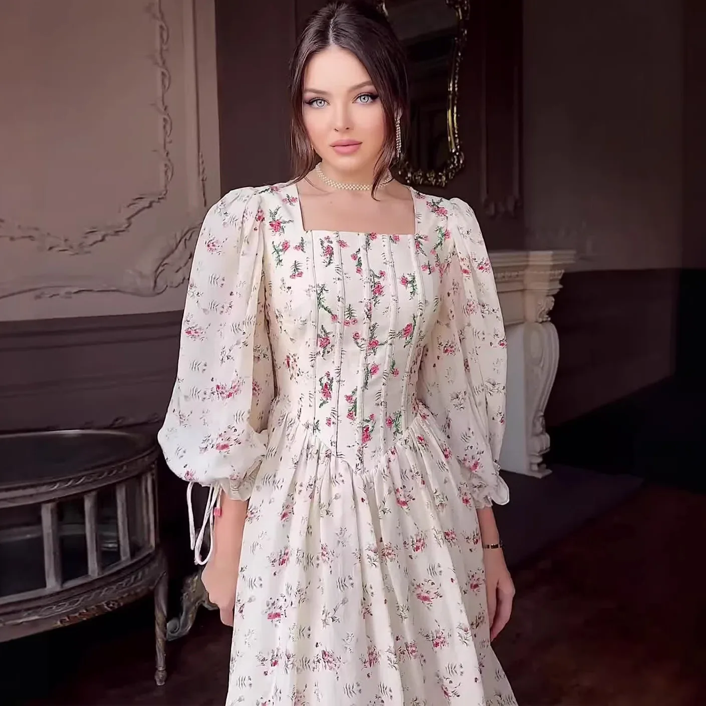 Amazon Fashion Square Neck Long Dress Dresses Spring Summer Floral Print Wrap Waist Tie Evening Gown