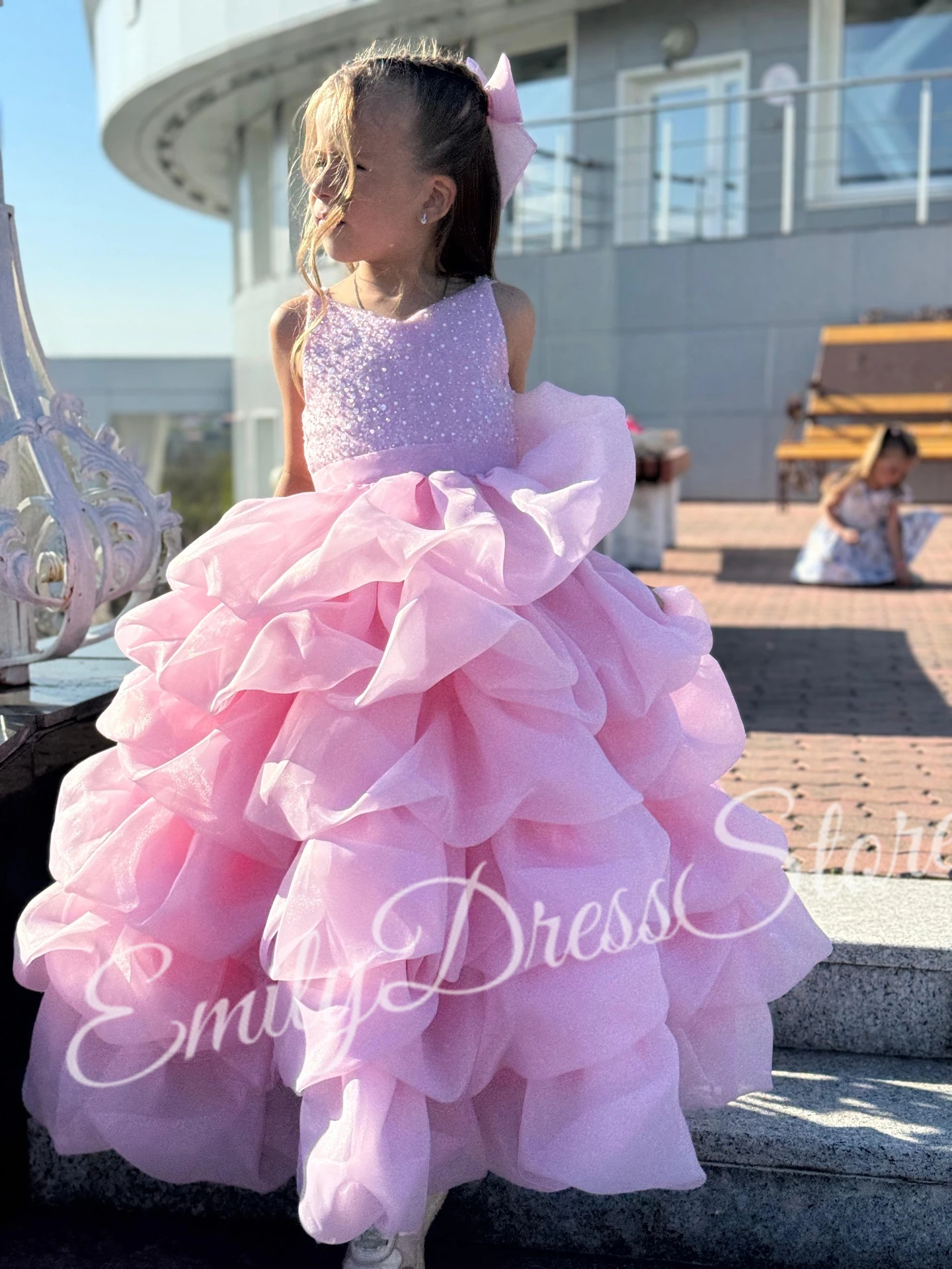 Customized Pink Tulle Flower Girl Dress For Wedding Layered  Puffy Sequins Kids Birthday First Communion Party Ball Gowns