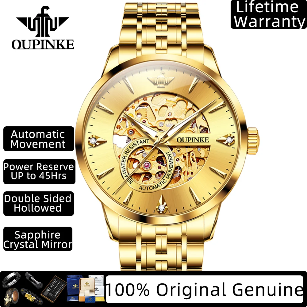 OUPINKE Watches for Man Double Sided Hollowed Sapphire Mirror Stainless Steel Waterproof Automatic Mechanical Men's Watches 3308