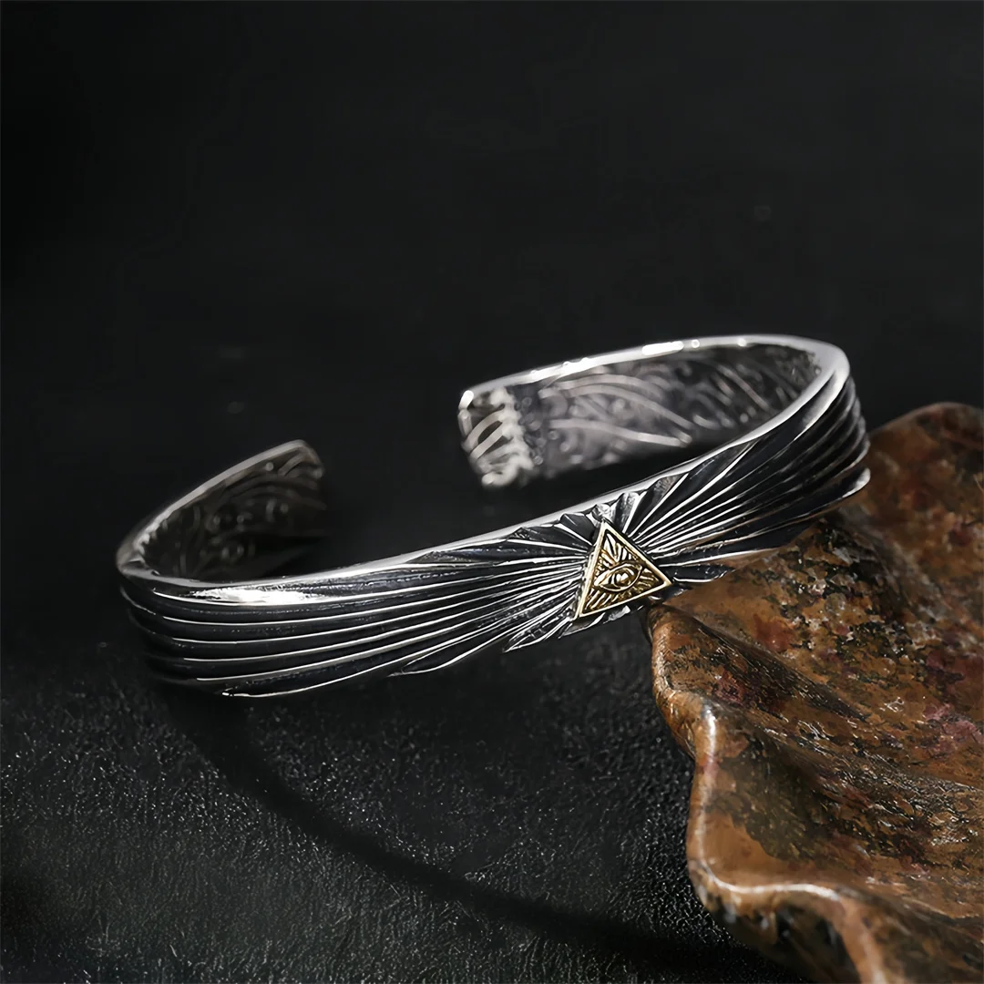 BOCAI New S925 Sterling Silver Charms Bangle for Men Women Antique Stripe Golden Eye of God Wide Bracelet Fine Choice Jewelry