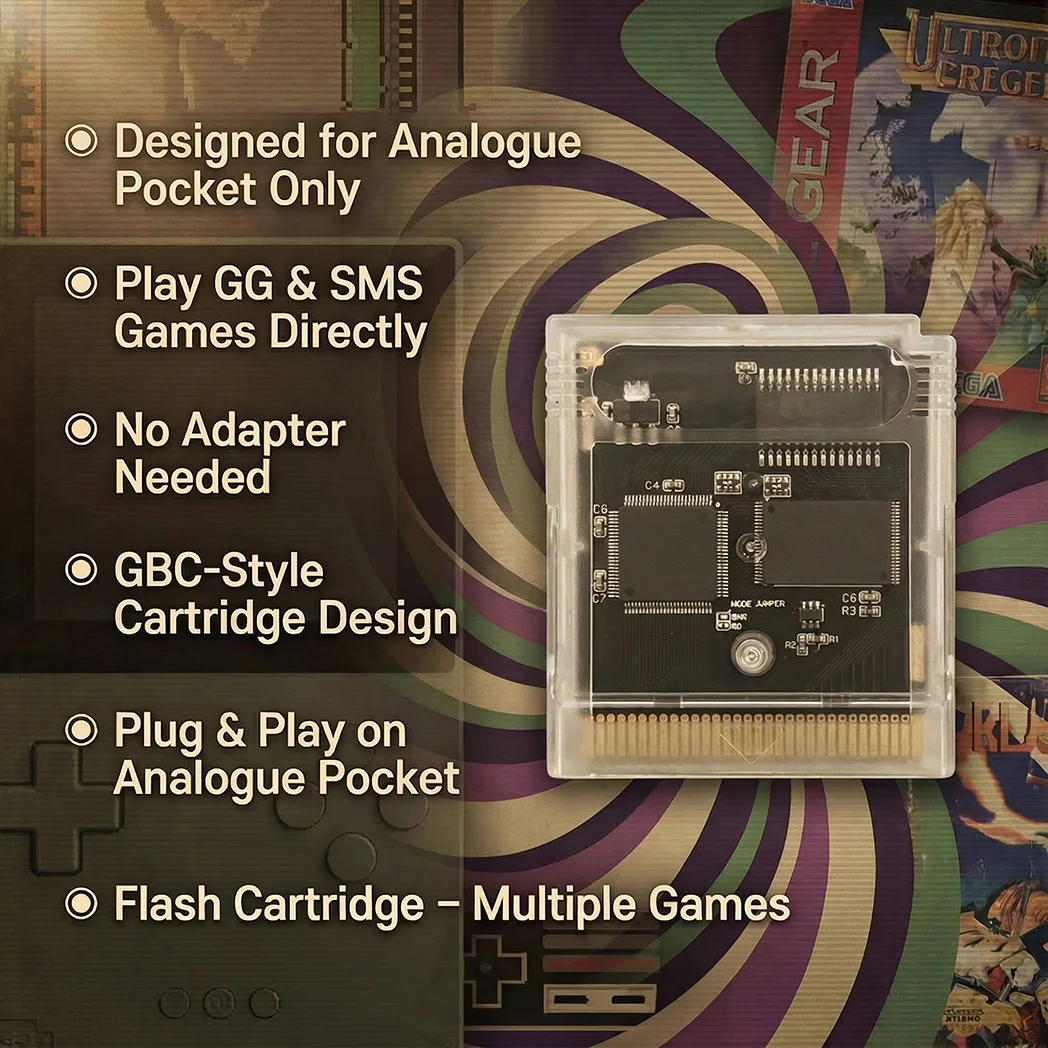 GG / SMS Flash Cartridge for Analogue Pocket Only – GBC Form Factor, Plug & Play, Optional Writer, for Handheld Arcade Gaming