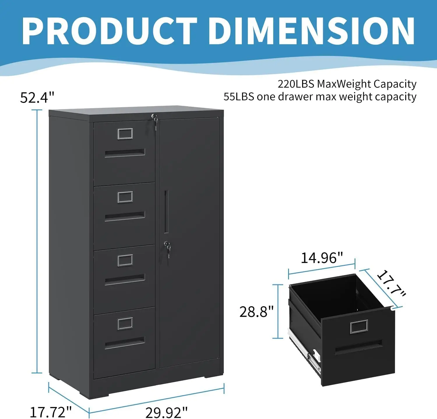 4 Drawer File Cabinet with Shelves and Hanging Rod, Metal Filing Cabinet with Lock for Home Office, File Storage