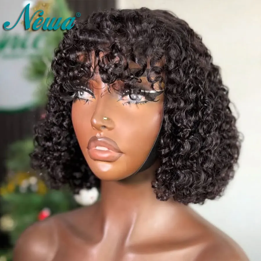 

Newa Hair Curly Human Hair Wigs With Bangs Short Bob Wig 13x6 Lace Front Wig Прозрачный кружевной парик с предварительно выщипанной линией волос для женщин