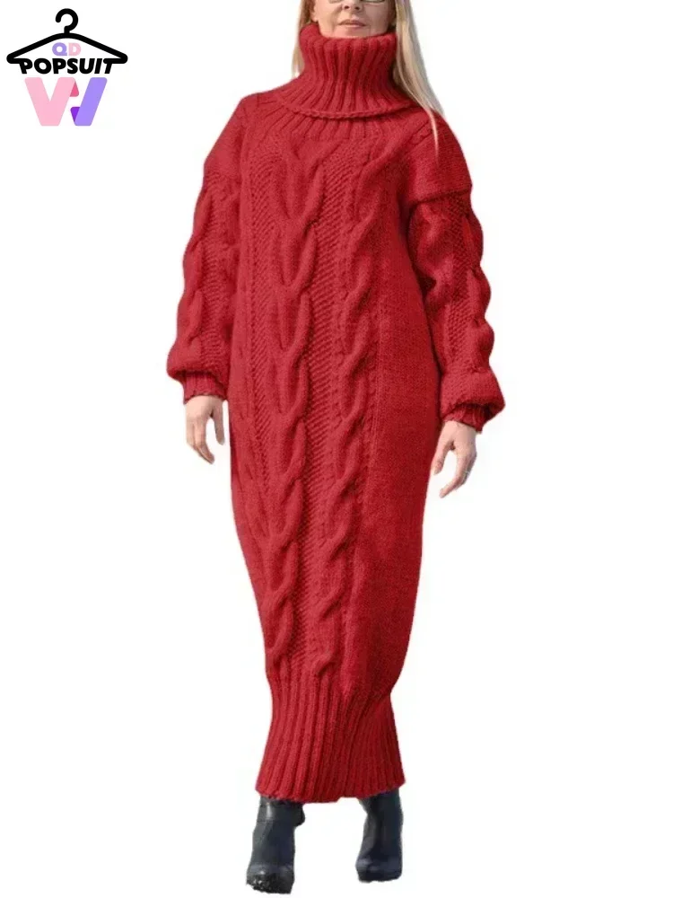 New in Women Sweater Solid Turtleneck Twisted Coarse Wool Thread with Large Pattern Loose Knitted Sweaters Long Pullovers Dress