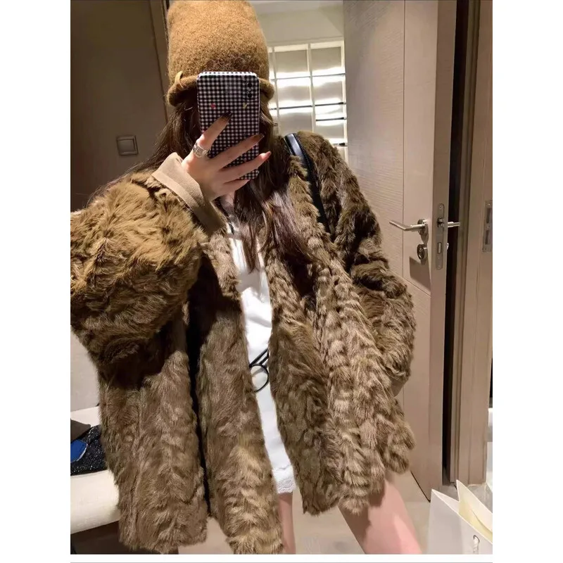 

Faux Fur Women Coats Bat Sleeve Mid Length Coat Thick Warm Streetwear Elegant Jackets Open Stitch Outerwear Autumn Winter