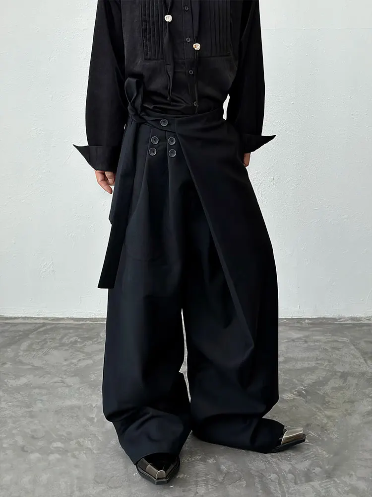 BKYC Autumn Winter Thickened Wide Leg West Pants Belted Asymmetrical Hemline Women's Minimalist Preppy Style Composite Pants