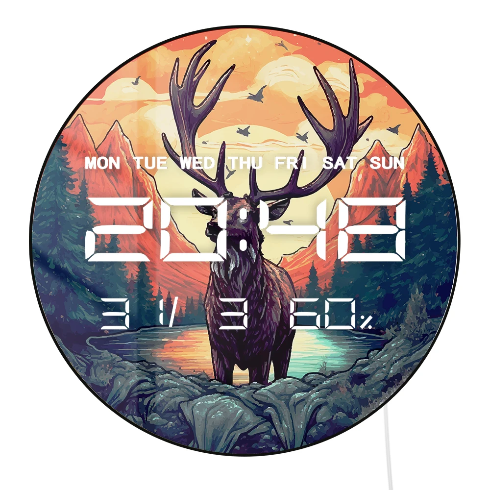 

Forest Stag Multifunctional Electronic Wall Clock for Cabin Lodge Woodland Deer Home Decor Auto Dimming LED Digital Clock Timer