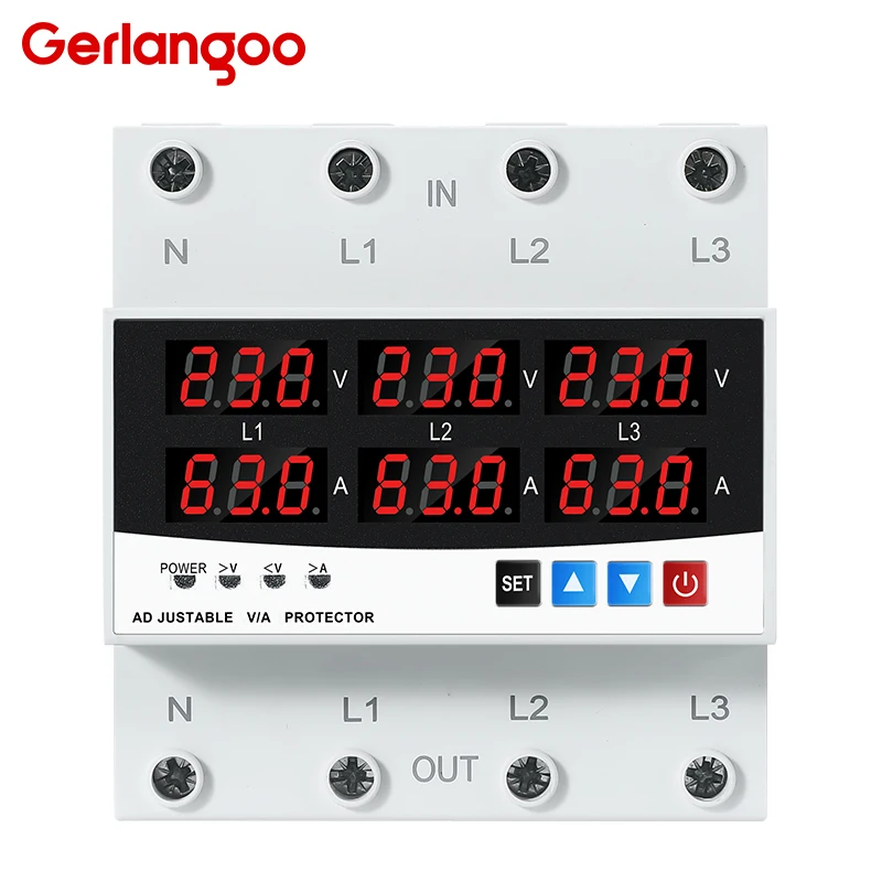 Protector de sobretensión y subtensión ajustable trifásico de 100A 63A para riel DIN con protección de corriente 3*220V 380V