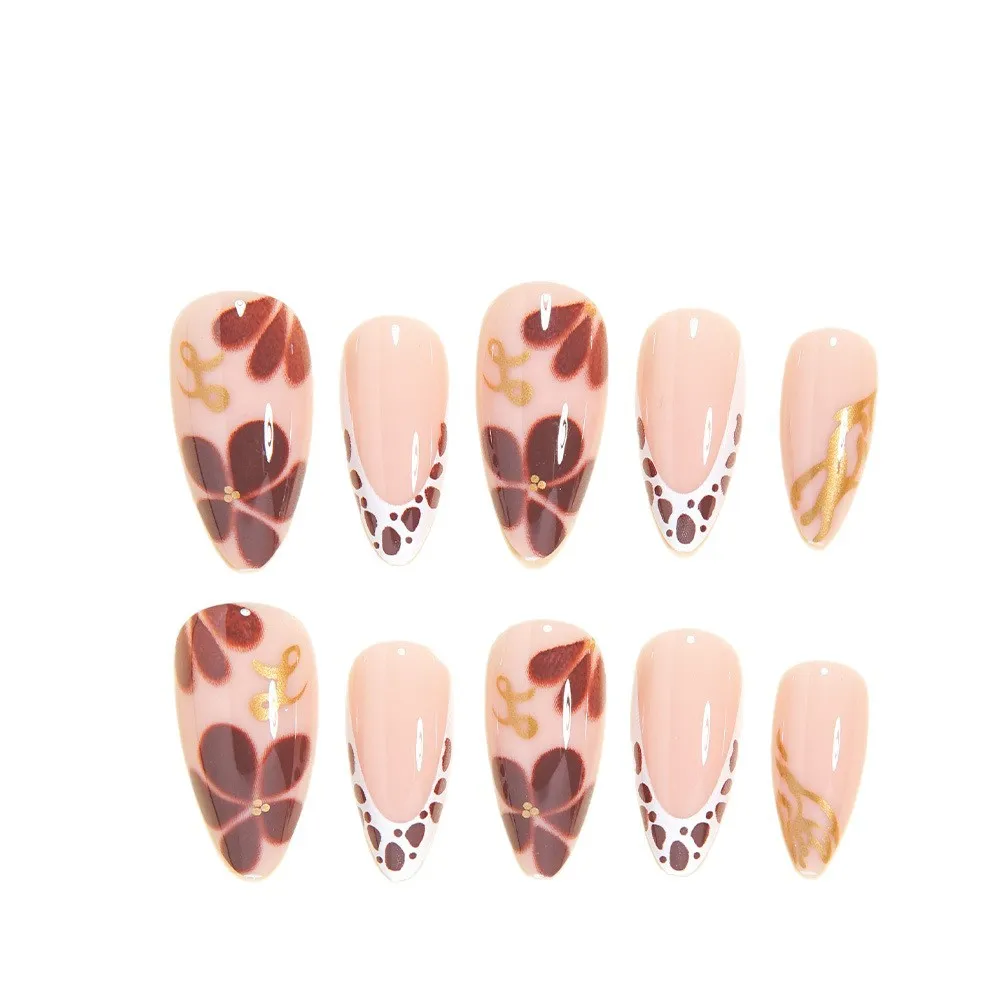 

24PCS Nude Leopard Cherry Press on Nails French Almond False Nails Uñas Postizas Mujer New Winter Cool Wearable Nails Removable