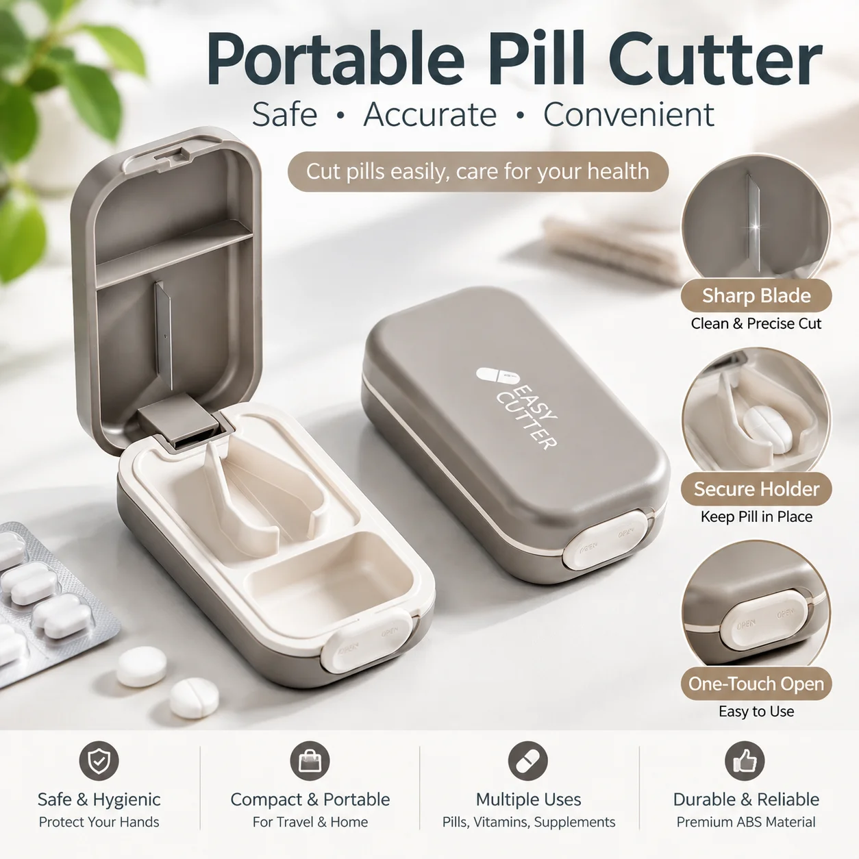 Japanese Pill Cutter Splitter Portable Medicine Organizer 1/2 1/3 1/4 Tablet Divider Case Stainless Steel Blade