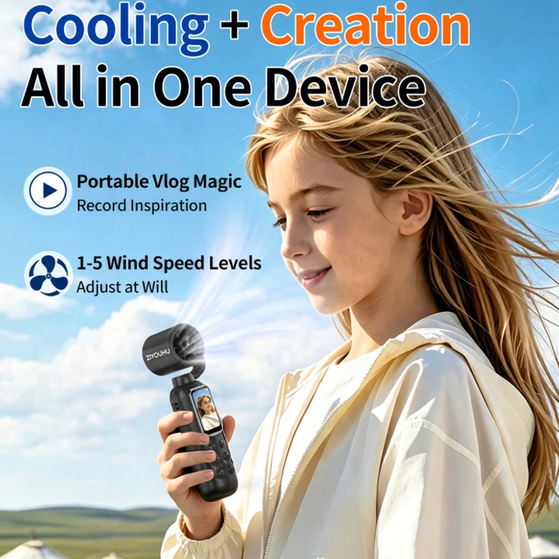 ZIYOUHU Handheld Fan Sports Camera 2-in-1 Fie speed Wind Speed Adjustment Ultra HD Video Recording Outdoor Handheld Device