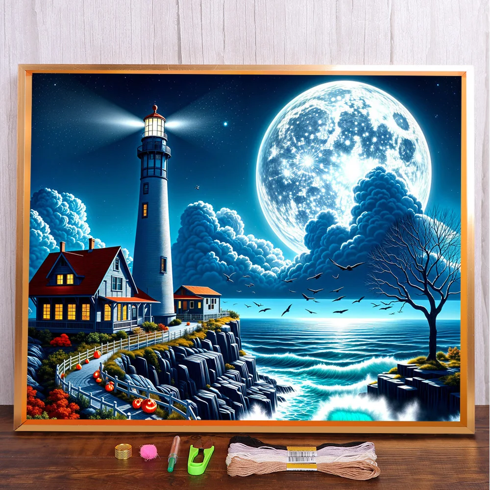 

Lighthouse Moon Night Landscape Pre-Printed Cross Stitch Patterns Embroidery Hobby Craft Needlework Sewing Sales Room Decor Gift
