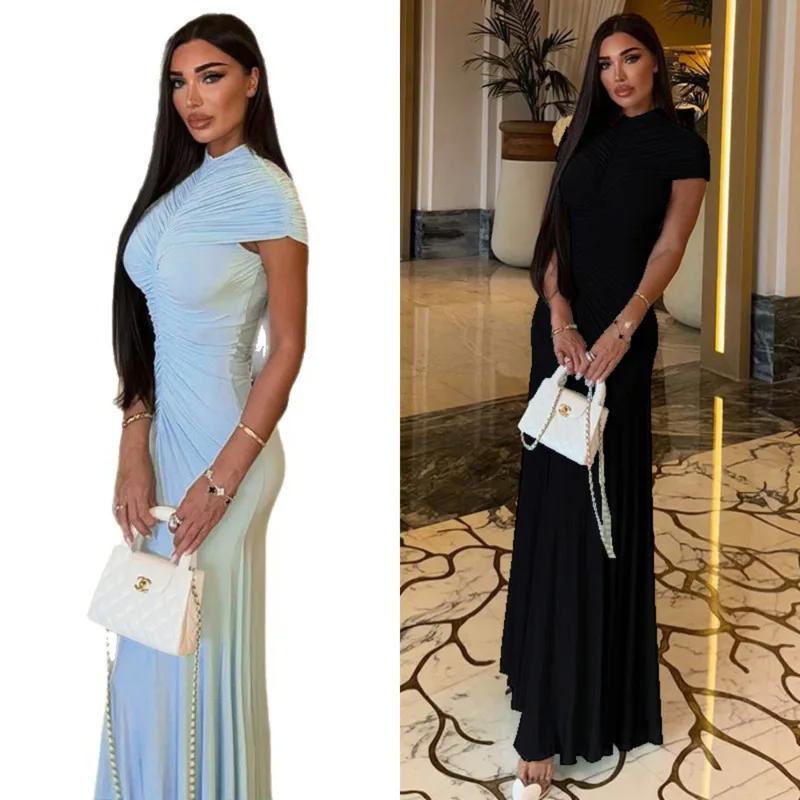 

Elegant Solid Ruched Long Dress Women Slim Fit Short Sleeve Turtleneck A-Line Maxi Dress Chic Highstreet Party Wear Robe Outfit