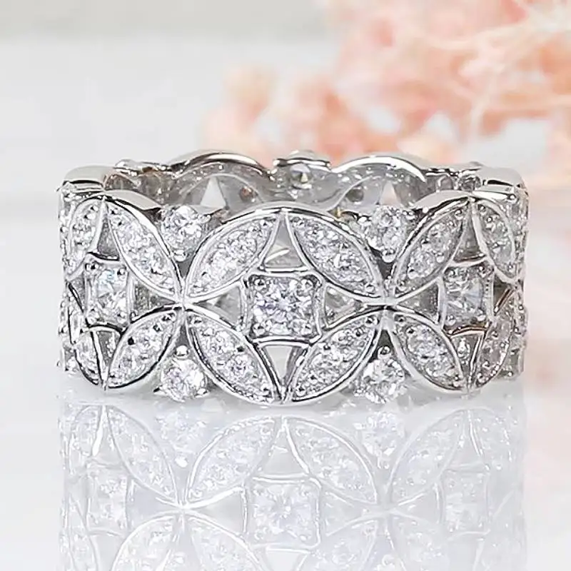 Huitan Aesthetic Women Rings Silver Color Flower Hollow-out Design Accessories for Wedding Party Fashion Jewelry Inlaid Shiny CZ