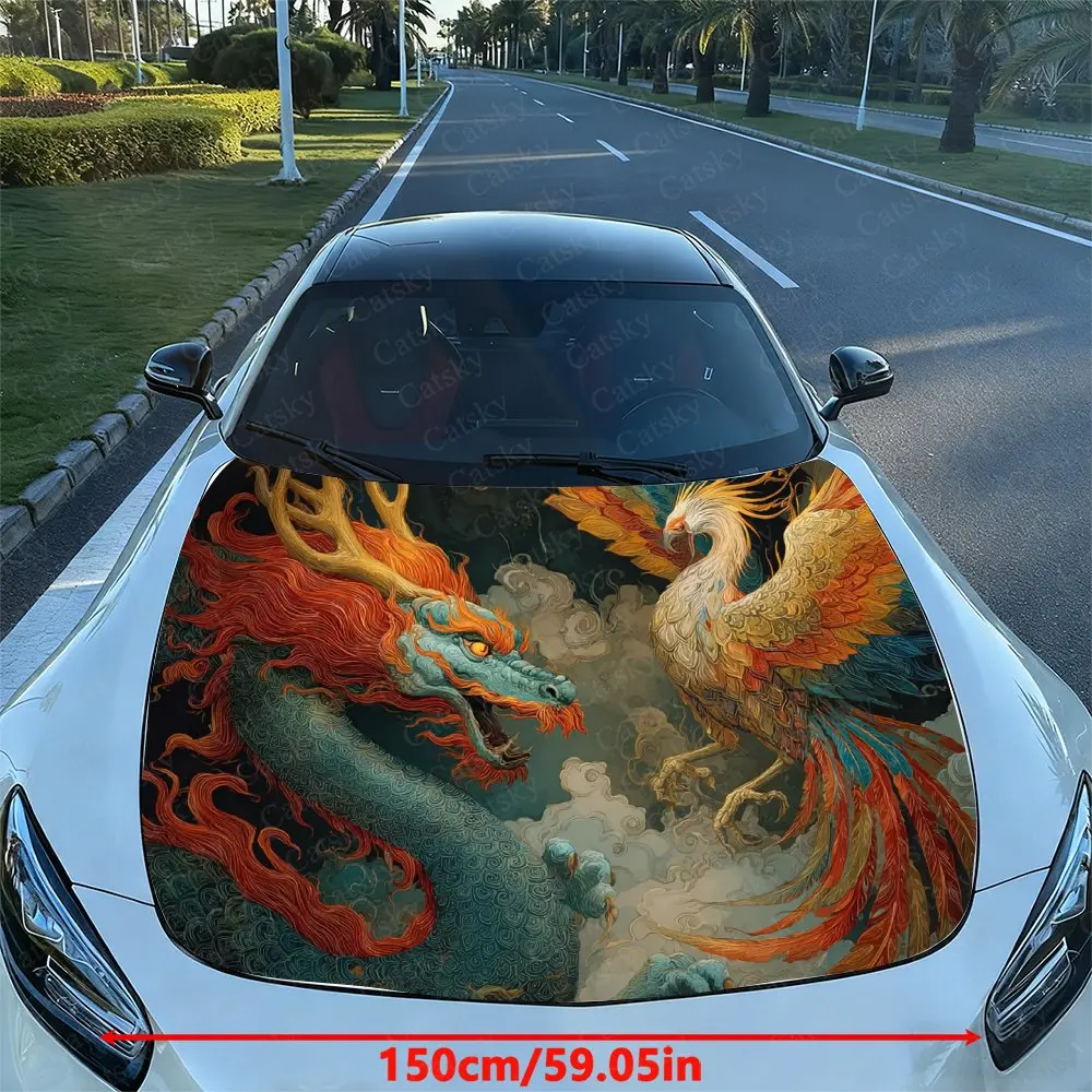 Dramatic Dragon And Phoenix Car Hood Sticker, Easy To Install And Remove, Independence Day Car Decoration, Suitable For A-class