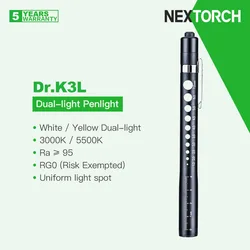 Nextorch Dr.K3L profesional médico/médico Penlight, luces duales blancas (5500K) /amarillas (3000K), Ra ≥ 95, RG0 (libre de riesgo)