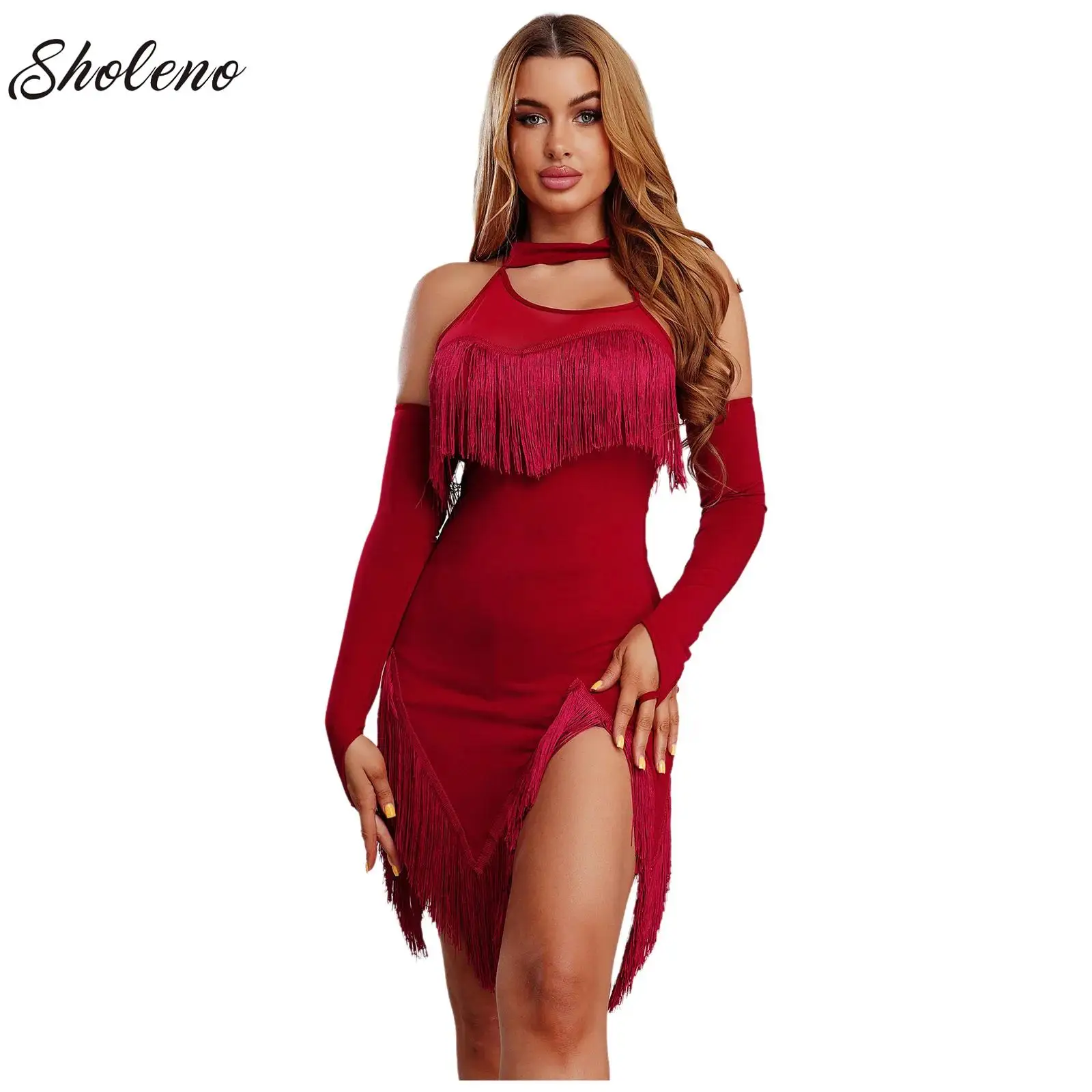 

Fringe Tassel Latin Dance Dress for Women Adult Competition Ballroom Dance Costumes Sexy Tango Salsa Flapper Dress Shorts Gloves