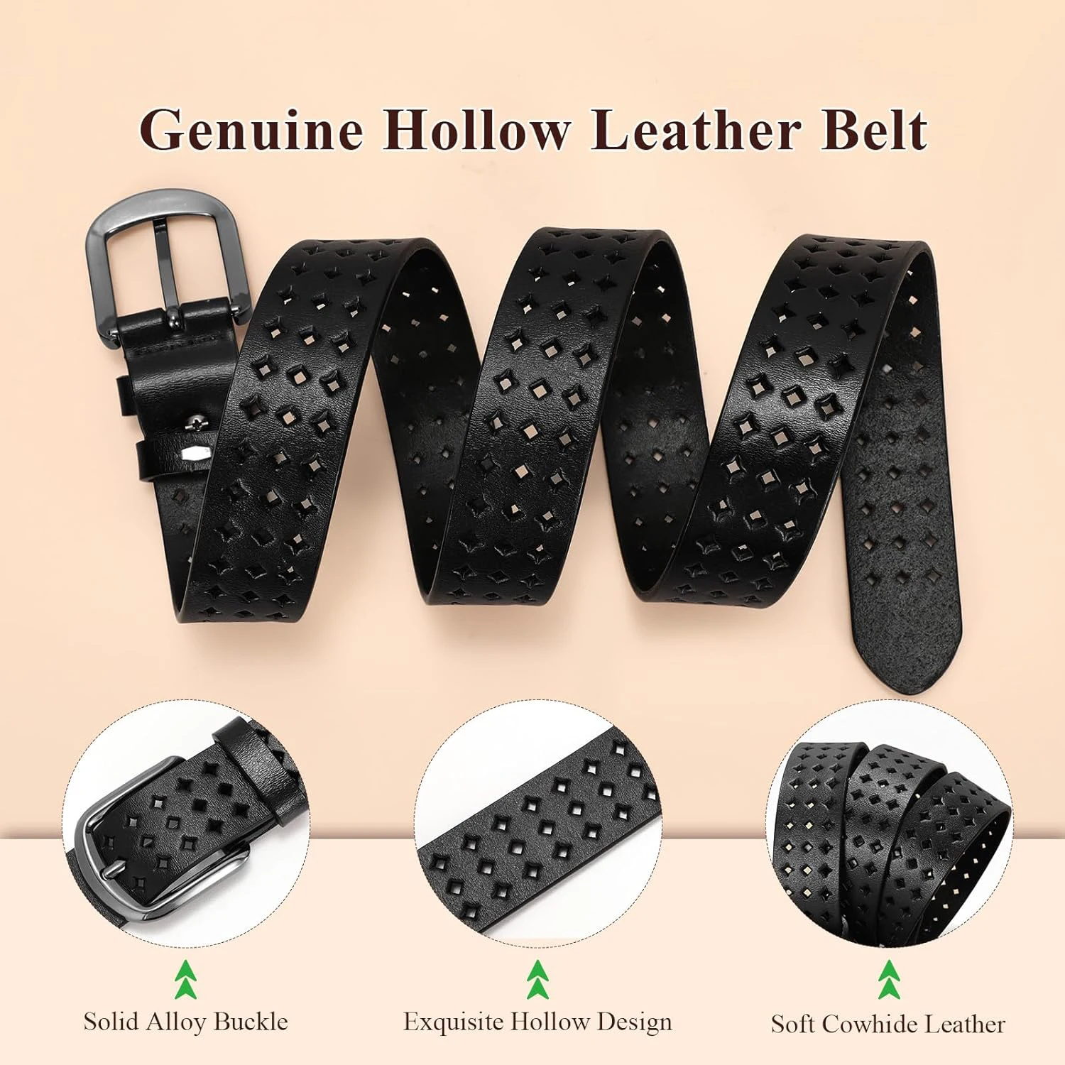 Women’s Hollow Genuine Leather Belt for Jeans Dresses with Pin Buckle, Cowhide Waist Belt for Ladies Sliver Buckle Waistband