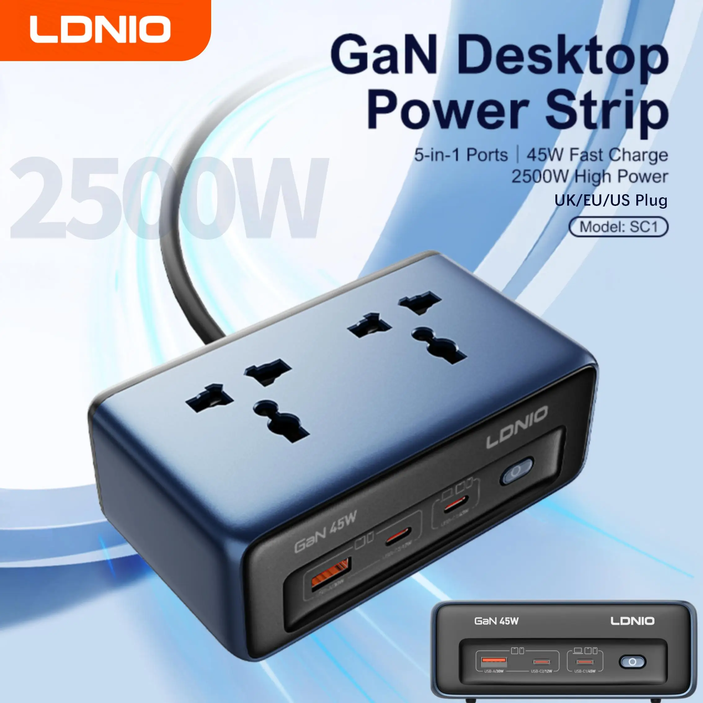 

LDNIO 45W 5-in-1 Power Strip with 2 AC Outlets 2 USB C USB A Port Fast Charging Anti-slip Desktop Multi Universal Socket