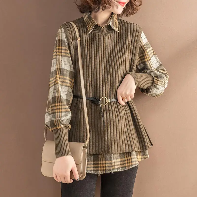 Trend Long Sleeve Plaid Blouse Vest Two-piece Set for Women\'s Spring Autumn New Fashion All-match Suit Vintage Casual Clothing