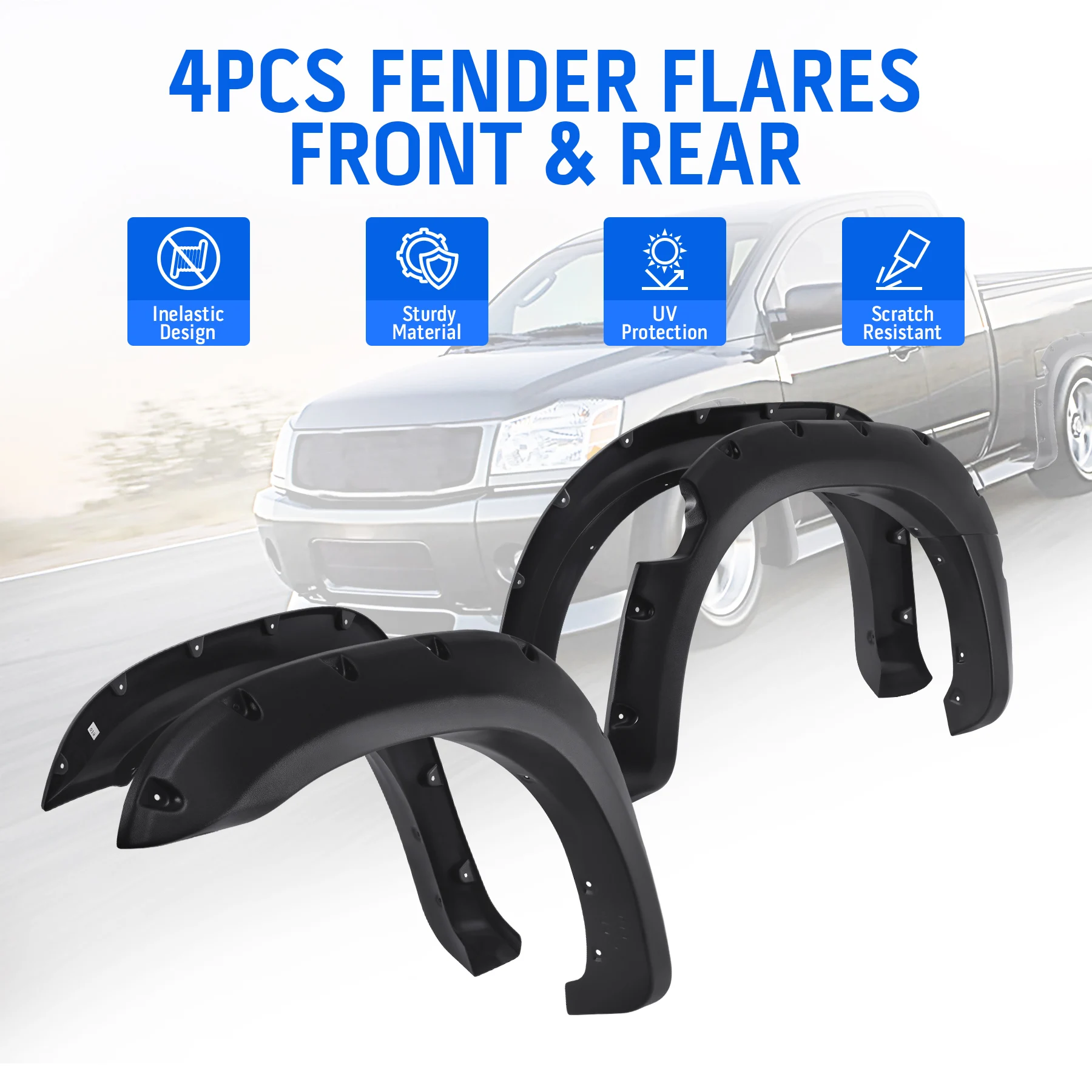 

4PCS Black Fender Flares for Nissan Titan 2004-2014 with Lockbox Pocket Rivet Style Wheel Cover Protector Car Wheels
