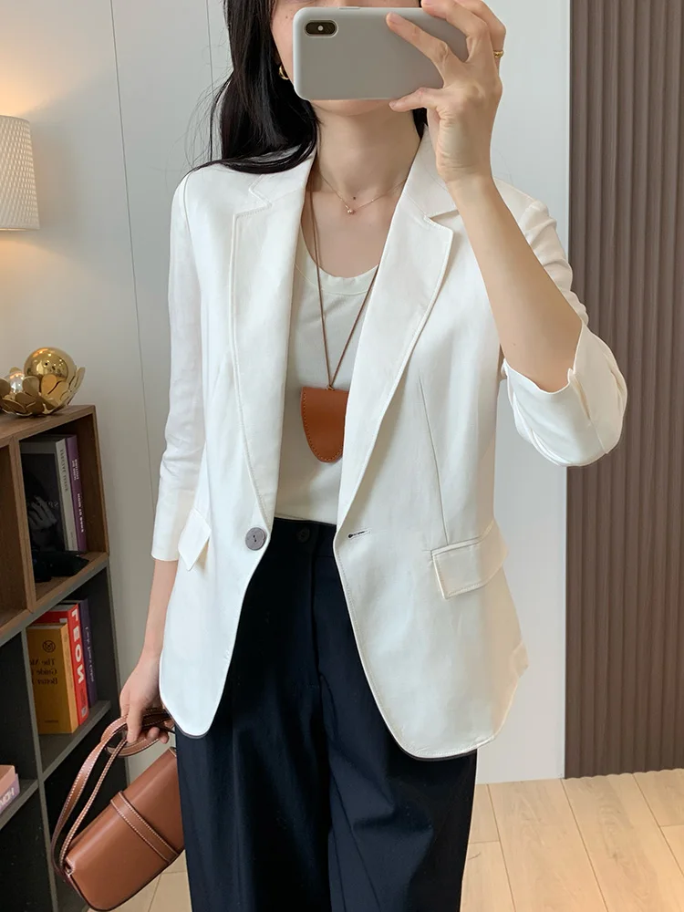 

Льняной хлопковый комфортный дышащий повседневный тонкий пиджак с рукавом три четверти, на одной пуговице, с вырезом на лацканах, для женщин