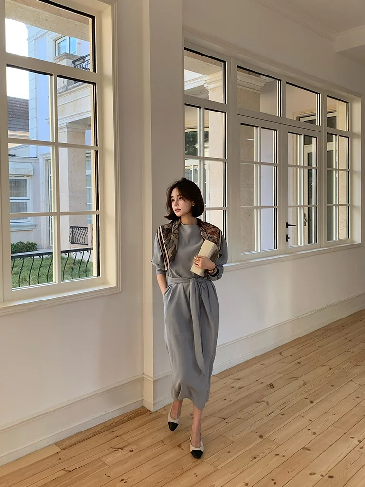 

Ele mat Two-Tone Straight Cut One-Piece Dr Are Casual Viscose Polyester Long Sve Loose Fit Ladies Dr